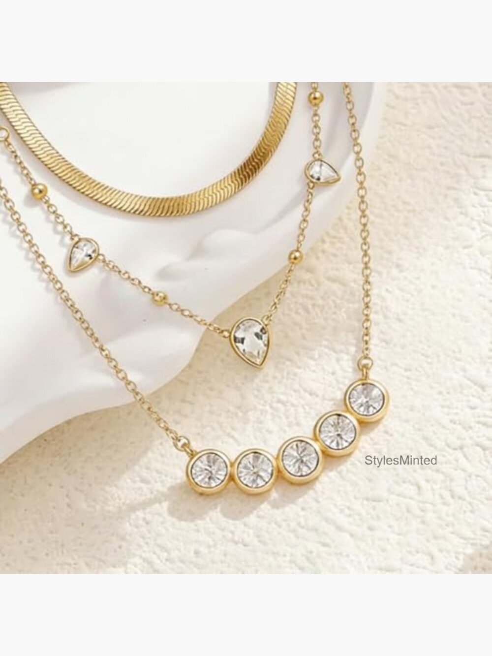 Layered Gold Necklace Set - Stacking Choker, Teardrop Station Chain, Pendant, - Picture 6 of 7